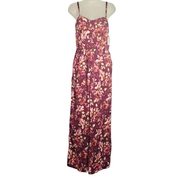 AUW Womens Jumpsuit Wide Leg Floral Country Boho Fairy Sweetheart Neck Medium - Picture 1 of 14